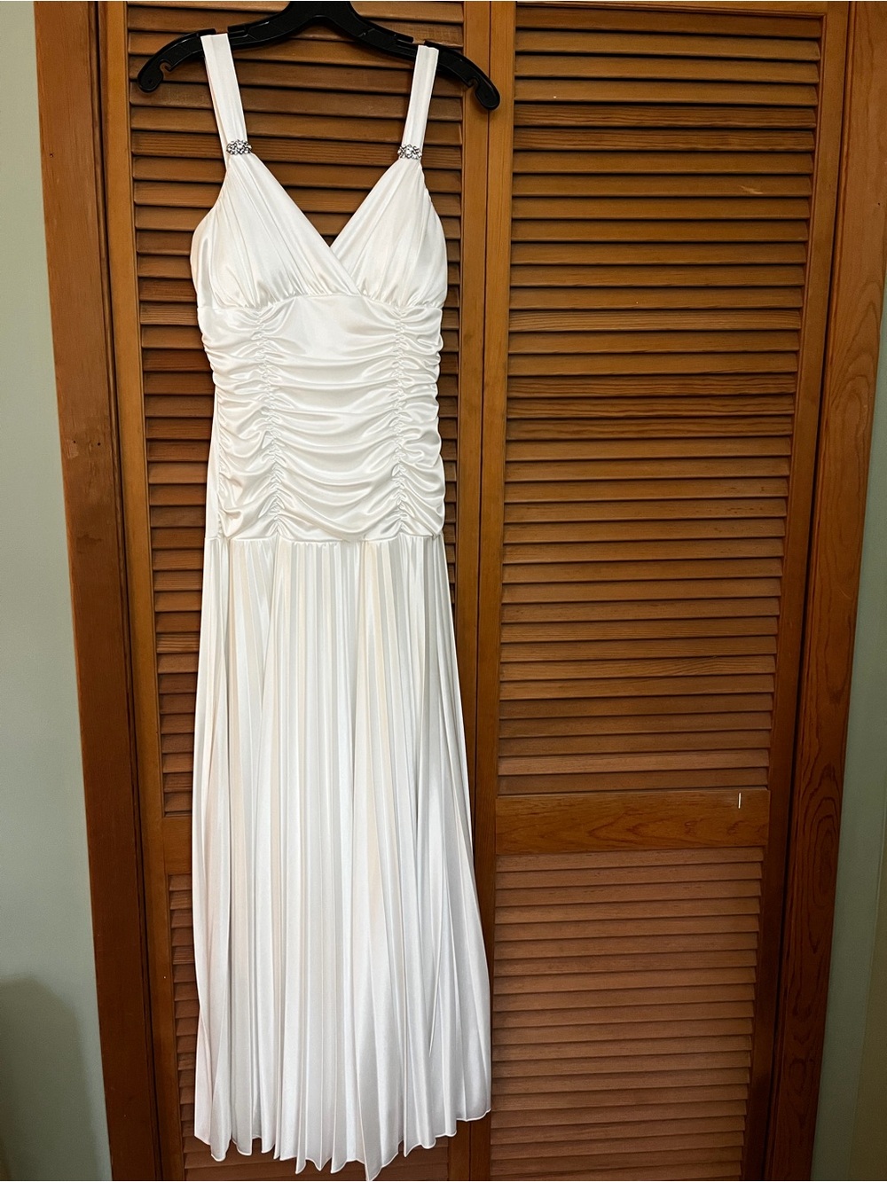 Deb White Ruched V-Neck Pleated Maxi Dress
